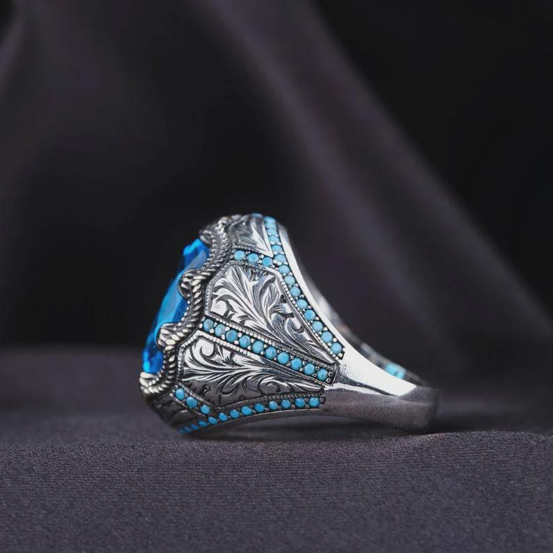 European & American Retro Men's Diamond Alloy Ring with Blue Zircon