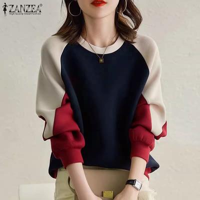 Women Casual O-neck Patchwork Long Sleeve Pullover Tops