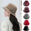 Elegant Women Fedora Hat Vintage Pompom Bowknot Flat Top Felt Hat Winter Autumn Imitation Woolen Bowler Cap Panama Church Hat
