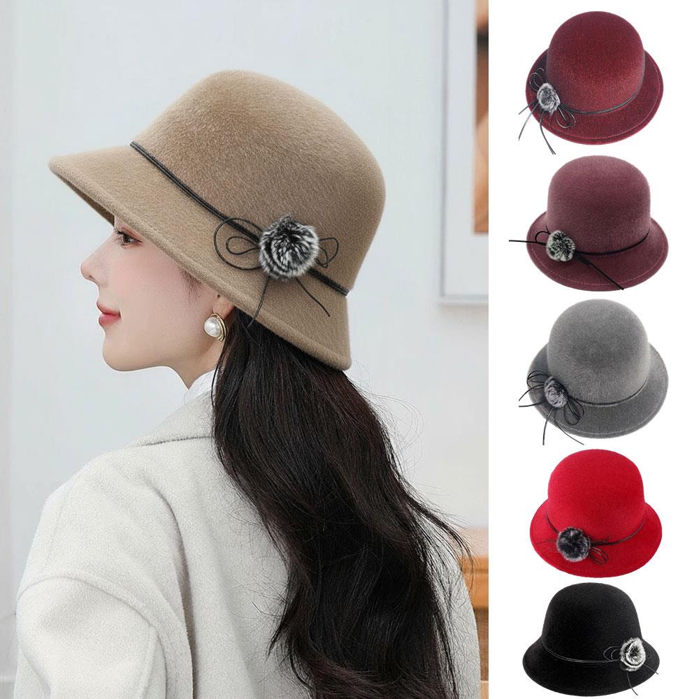 Elegant Women Fedora Hat Vintage Pompom Bowknot Flat Top Felt Hat Winter Autumn Imitation Woolen Bowler Cap Panama Church Hat