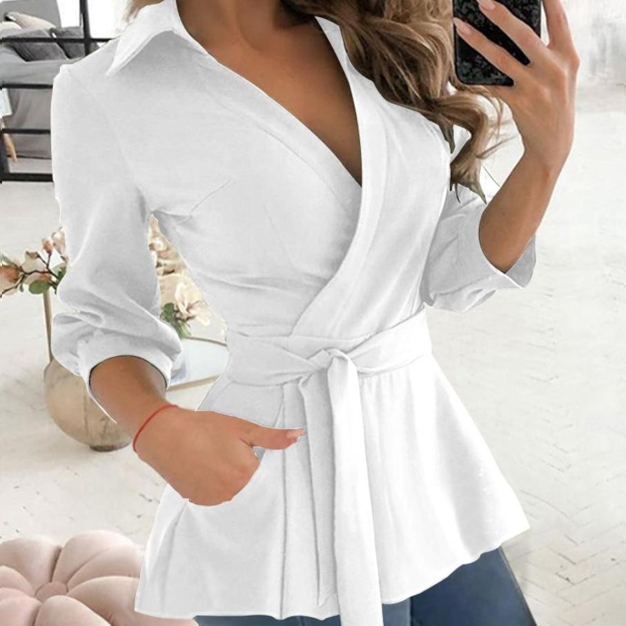 Women's shirt tops autumn new casual style printed long-sleeved V-neck belt shirt