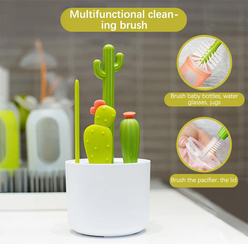 4Pcs Bottle Brush Cleaning Set Cartoon Cactus Baby Bottle Brush Kit Long Handled Water Bottle Cleaner Home Glasses Cups Straws