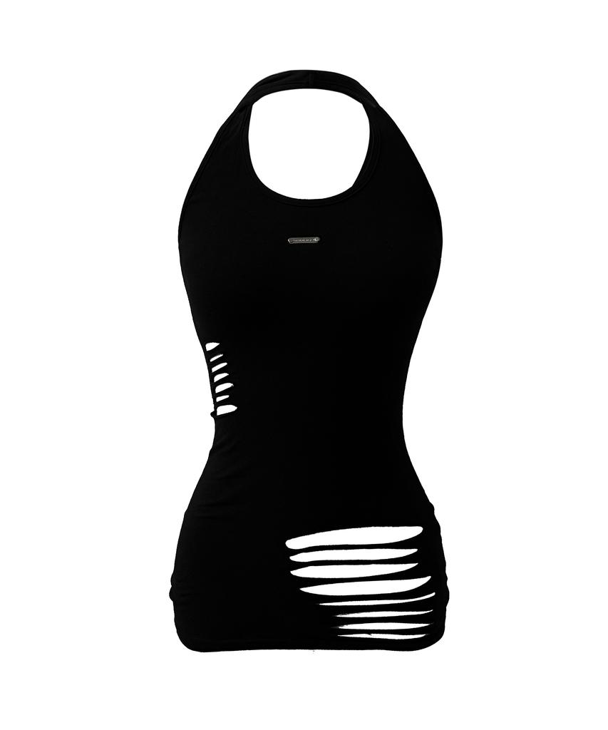 URBANUNIQUE LABEL Hand-Cut Damaged Halterneck Sleeveless (Black)