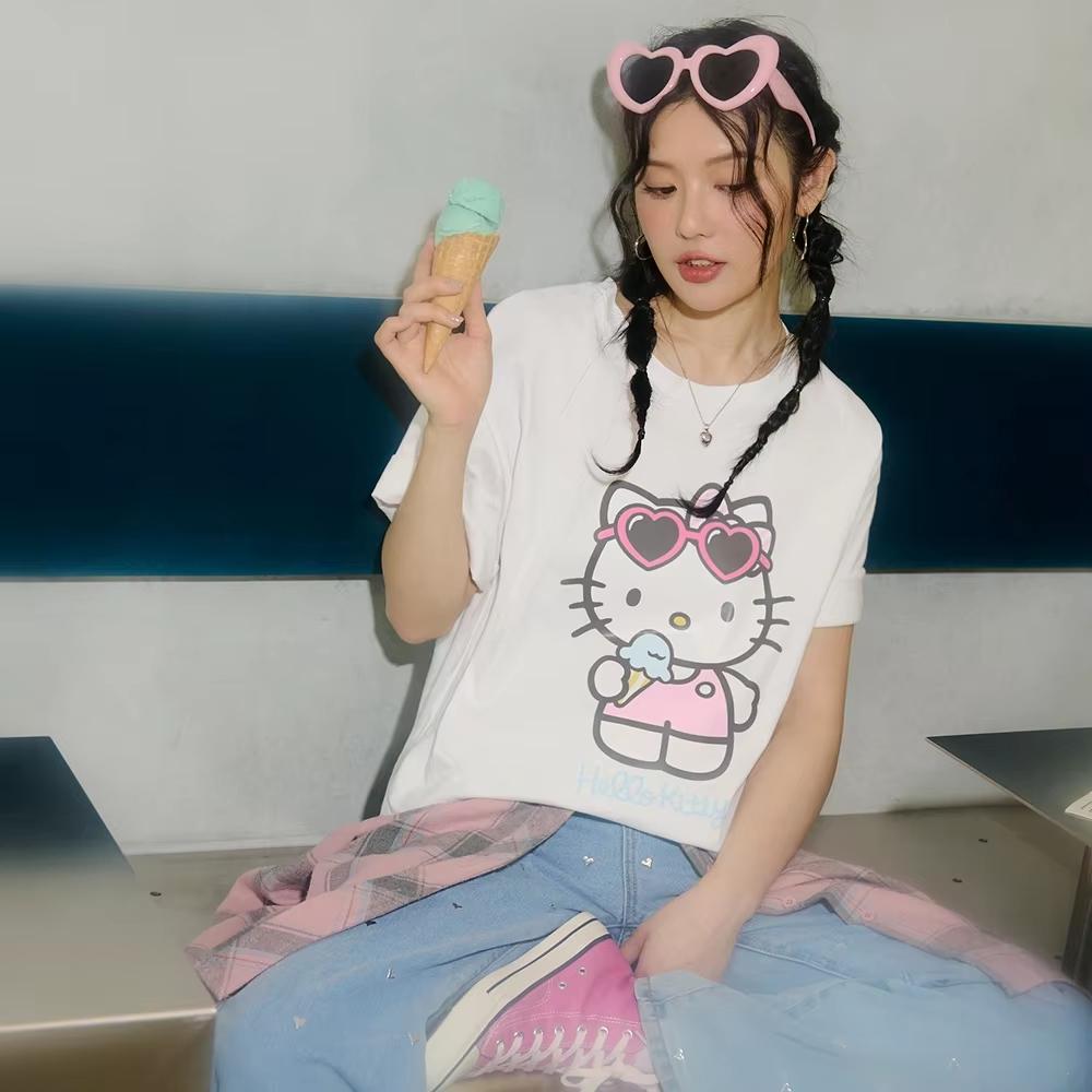 

2026 Summer Hello Kitty Oversized Tshirt High Quality 100 Cotton White Ice Cream Heart Sunglasses Graphic Print Unisex S