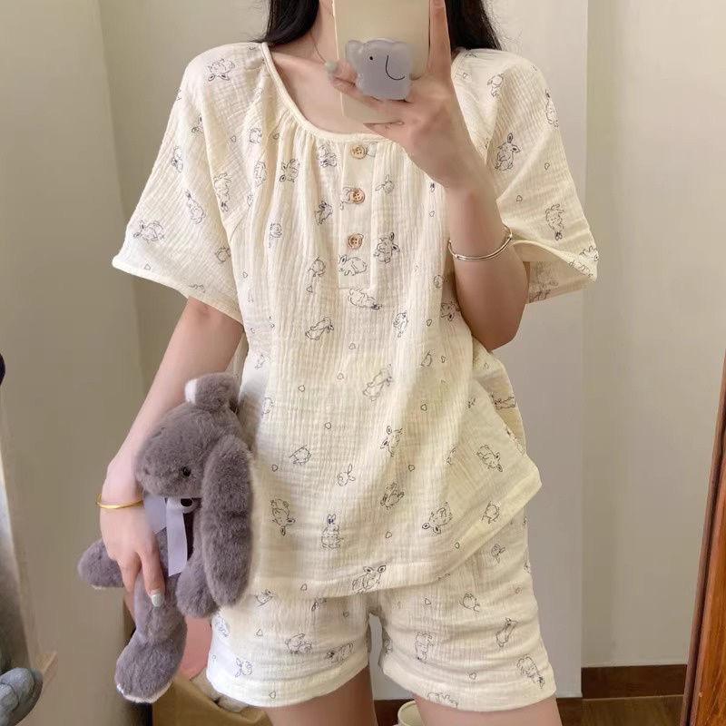 

Summer bunny pajamas for women can be worn outside in summer, short sleeves, shorts, crew neck two-piece set can be worn outside loungewear S