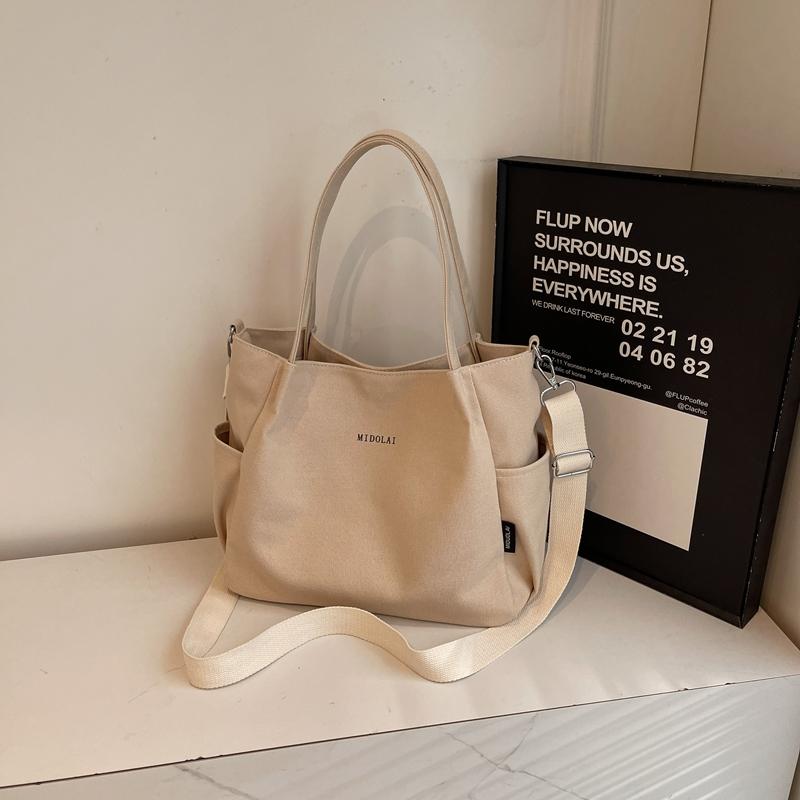 Commuter Canvas Bag Women Shoulder Crossbody Bag Solid Color Shopping Bag