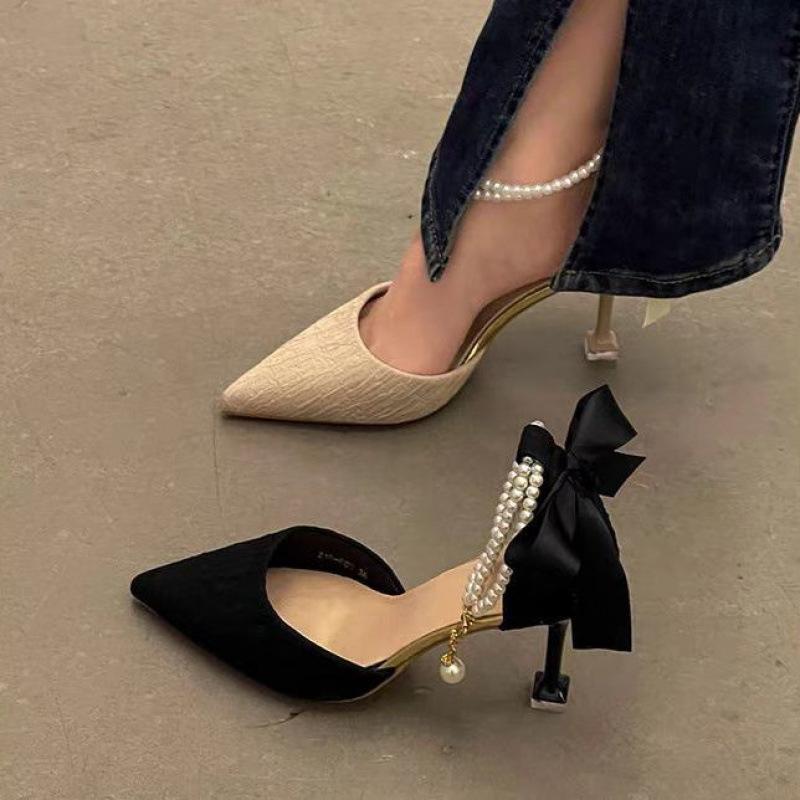 High heels stiletto women's spring and summer new pearl anklet straps fairy fashion bag head temperament sandals