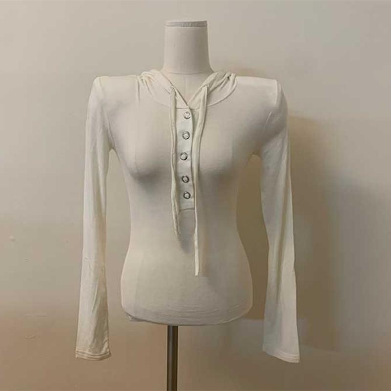 Korean Dongdaemun Slim Fit Sheer Hooded Button Long Sleeve Women s T-shirt One Size белый