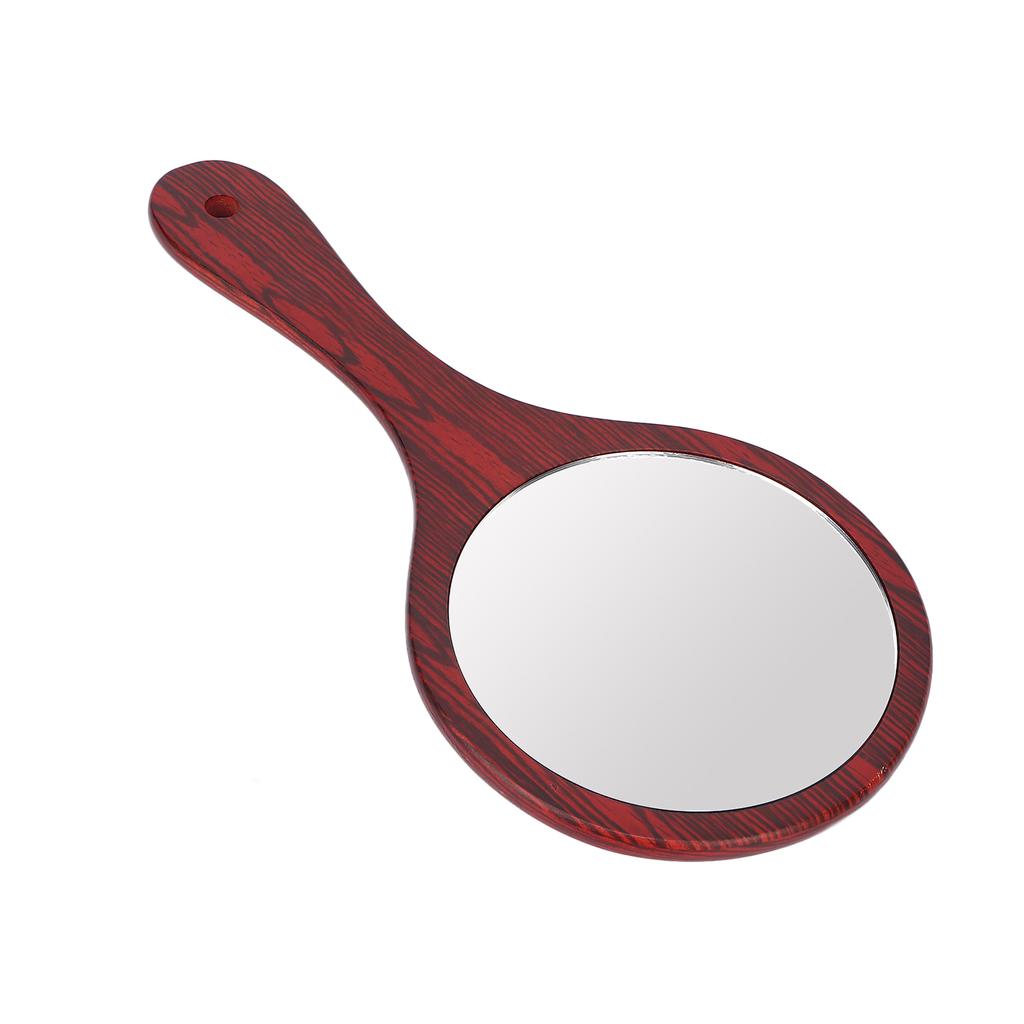 Vintage Handheld Mirror Wooden Handle Hanging Hole Makeup Hairdressing Mirror for Household Red