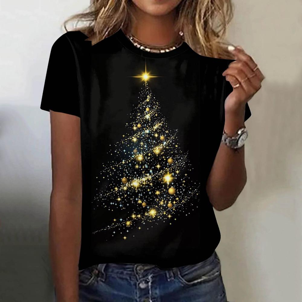 Short sleeved T-shirt for women with Christmas tree print round neck