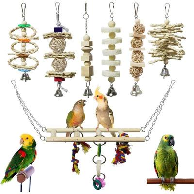 7 Packs Bird Parrot Toys Natural Wood Chewing Toy Bird Cage Toys Hanging Swing Hammock Climbing Ladders Toys for Small Parakeets, Cockatiels,Conures