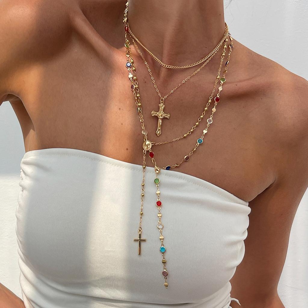 3pcs Vintage Cross Pendant Y-Necklace Set for Women Bohemian Colorful Crystal Zircon Multi-Layer Necklaces Daily Dating Jewelry