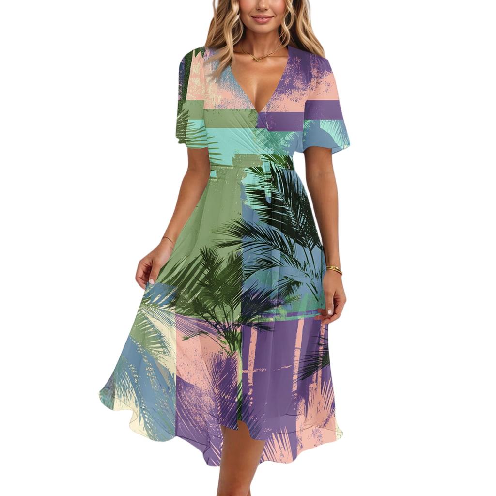 Women's Fashion Casual V Neck Short Sleeve Ruffled Vintage Printed Dresses