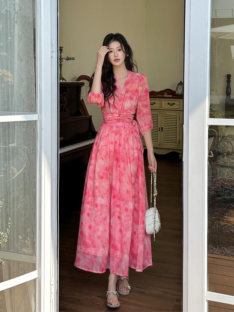 

Thirteen Lines Pure Desire Floral Chiffon Dress with Sexy Crossover Tie-Up Neckline M