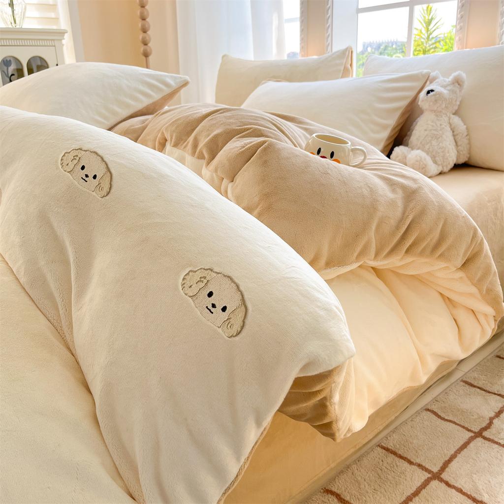 Thickened Milk Fleece Four-Piece Set, Embroidered Coral Fleece Quilt Cover, Thermal Bedding, Fleece Bed Sheet Three-Piece Set