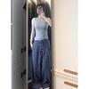 Women's High-Waist Blue Plaid Wide-Leg Trousers – Early Autumn 2024 Collection