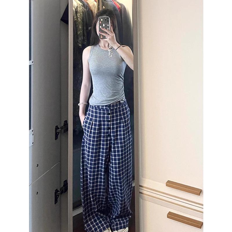 Women's High-Waist Blue Plaid Wide-Leg Trousers – Early Autumn 2024 Collection