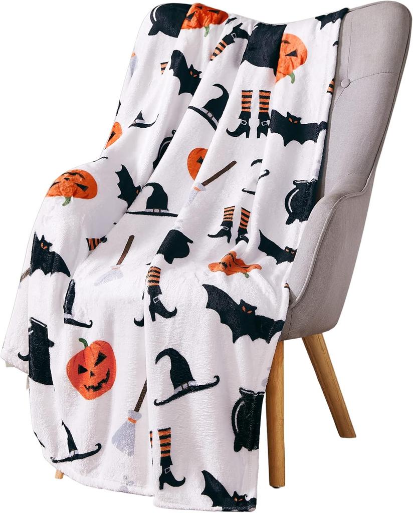 Spooky Season Bat Print Blanket Cozy Flannel Throw for Halloween Decor Perfect for Sofa Office Travel