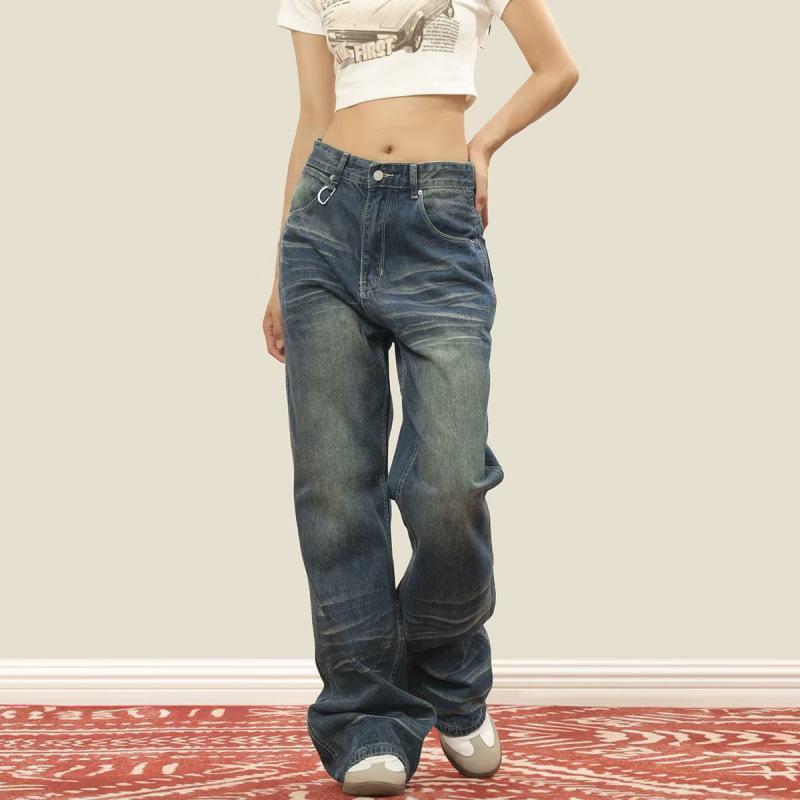 Unisex High-Street Retro Distressed Straight-Leg Jeans