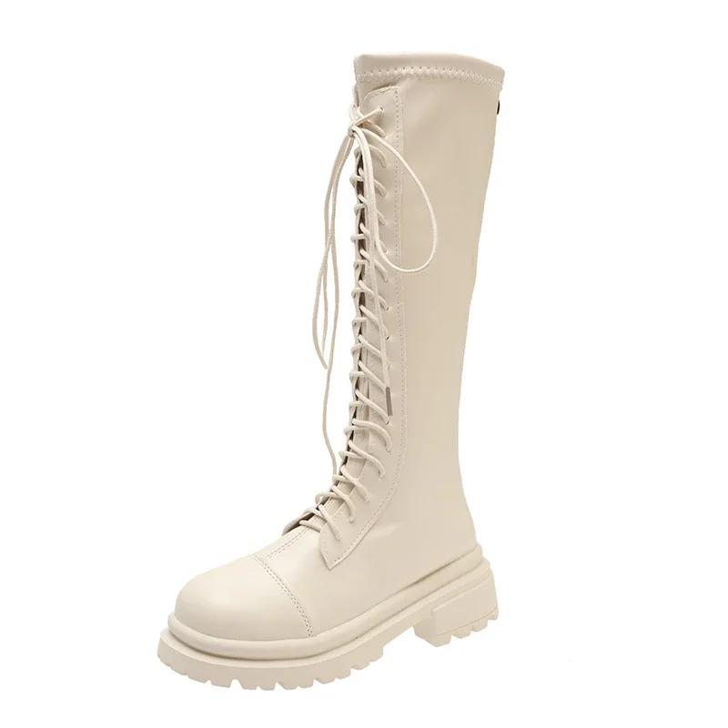 Fashion 2024 High Quality Shoes for Women Lace Up Women's Boots Autumn Round Toe Solid High Tube Block Heel Fashion Boots Zapatos Mujer