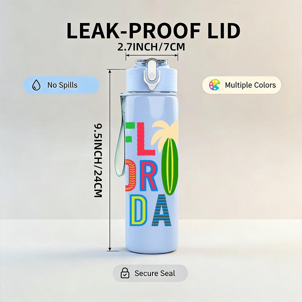 1PC Florida Beach Letter 750ml Color Plastic Sports Water Bottle Leakproof Flip Straw Lid Suitable for Sports Office Home Use