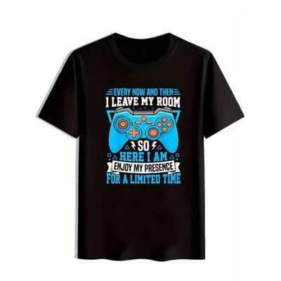 Spring & Summer  Blend Casual Gamer T-Shirt - "Enjoy My Presence for a Limited Time" Graphic, Short Sleeve, Crew Neck