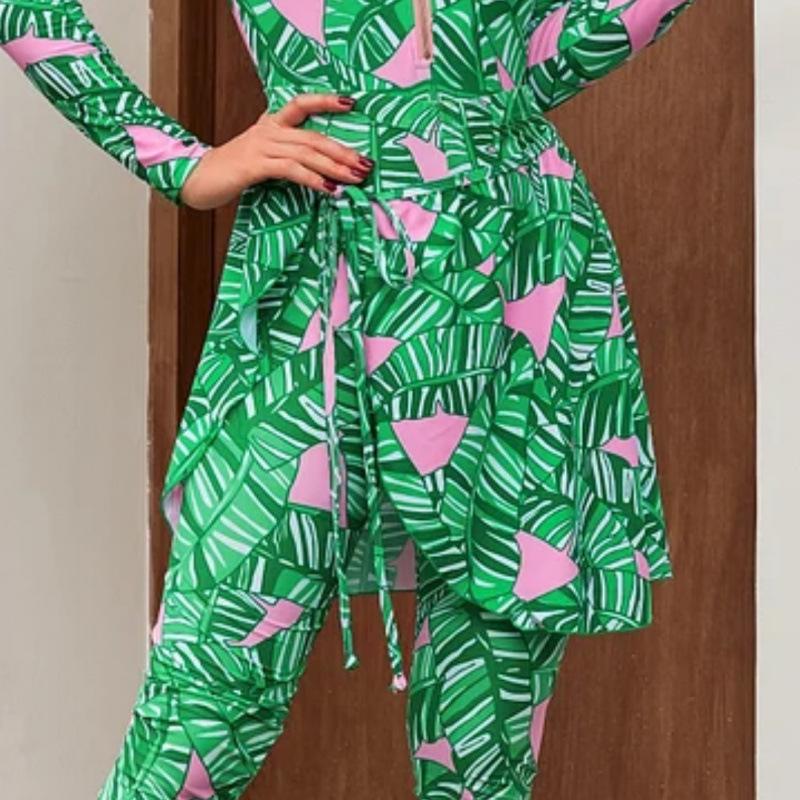 European and American swimwear long-sleeved zipper green printed surf suit women One size fits all