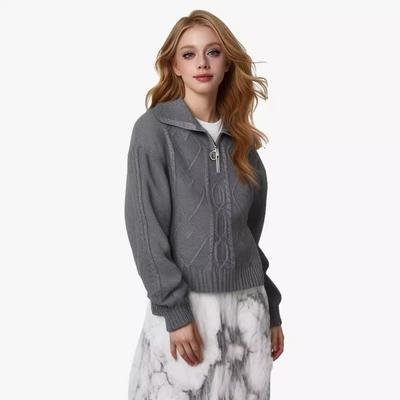 Kadın Sonbahar/Kış Yaka Yarım Fermuarlı Kazak Örme Kazak