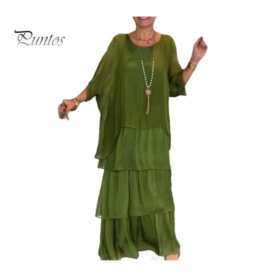 Evenig Dress Layered Scattered Cake Hem Half Sleeves Maxi Dress Bat Sleeves Baggy Round Neck Chiffon Dress for Party Prom