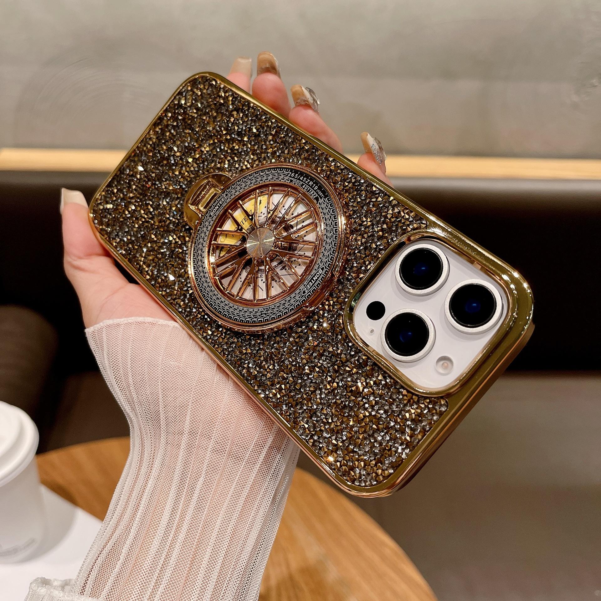 

Suitable for The New Diamond-textured Phone Case of Apple 16promax and The Gyroscope Stand of Samsung S24ultra iPhone16 золотой