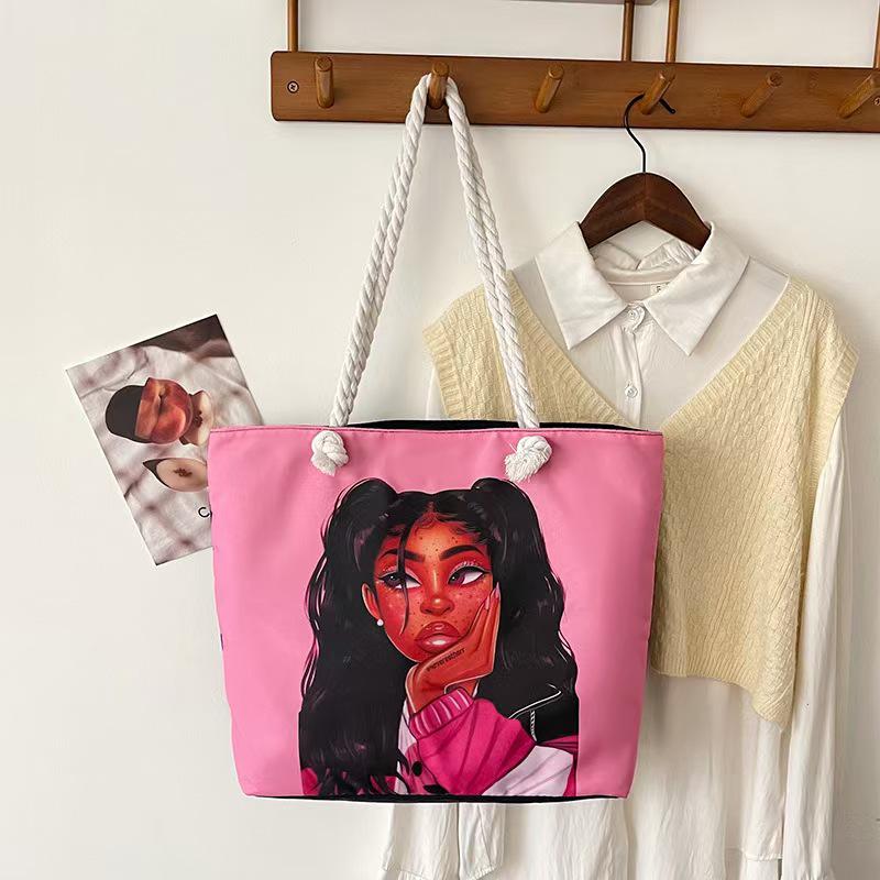 Versatile Women's Large Capacity Foldable Tote Bag with Zipper - Cross-Border Fashion, Printed Single-Shoulder, Perfect for Shopping or Beach.