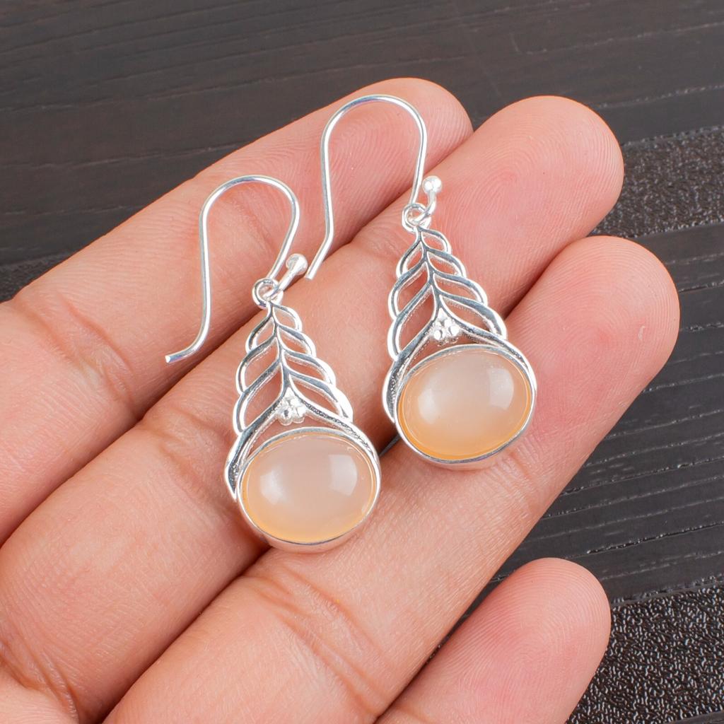 Oval Peach Moonstone Gemstone 925 Sterling Silver Jewelry Wedding Earrings 1.64" CE-1-29