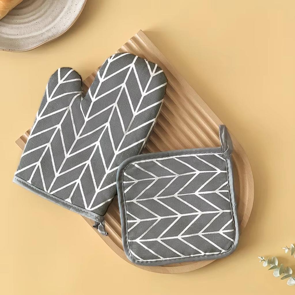 Cotton Linen Oven Mitts and Pot Holders 2PCS Set, Heat Resistant Kitchen Gloves for Microwave Oven Baking
