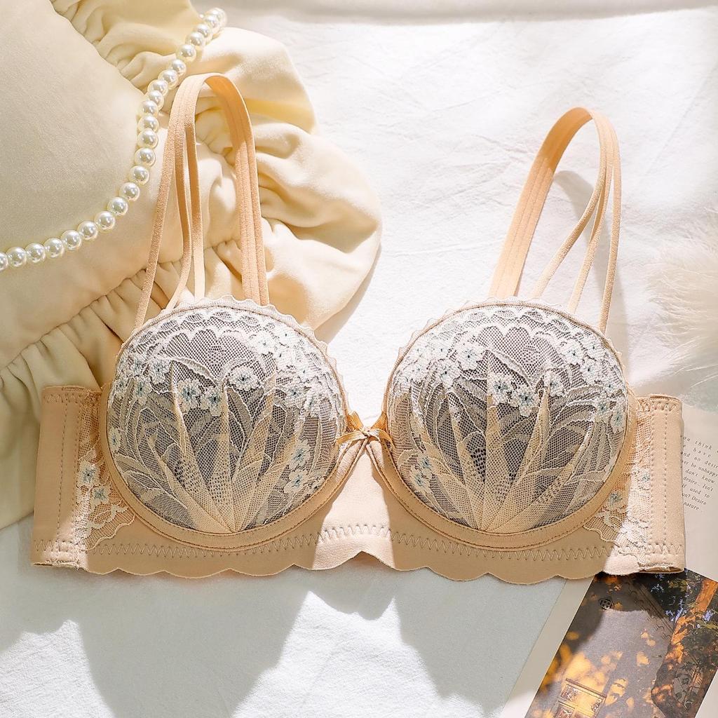 Sujetador de Lencería Push Up de Encaje Media Copa para Pecho Pequeño y Plano, Sin Aros, Anticaída, Relleno Extra Grueso.