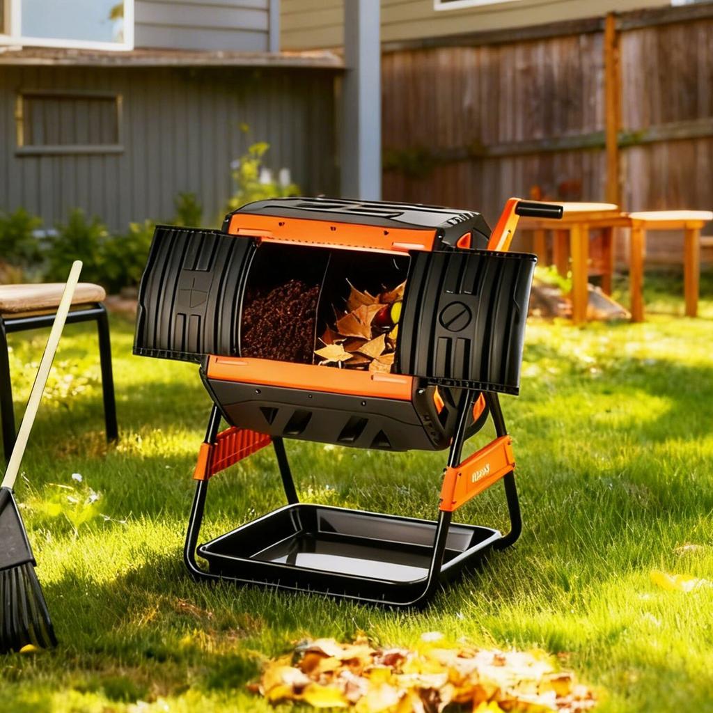 Compost Tumbler, 200L Dual Chamber Outdoor Tumbling Composter with 2 Sliding Doors and Aeration System, Large Easy-Turn Fast Rotating Composting Bin
