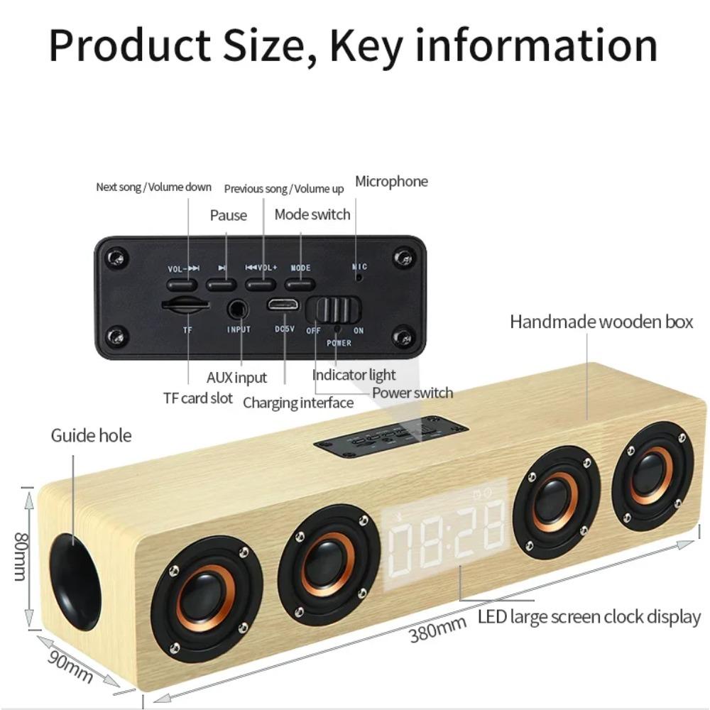 Wooden Soundbar Bluetooth Speaker Music Acoustic System 40W HIFI Stereo Music Surround LED Display Outdoor Speaker With FM Radio