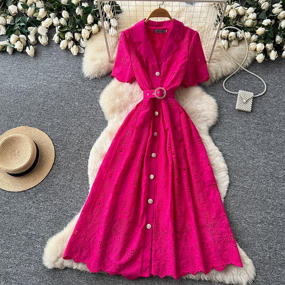 French Romantic Style Lace Hollow Dress Women's Summer Short Sleeves Waist Thin A-shaped Skirt Commuting Advanced Sense