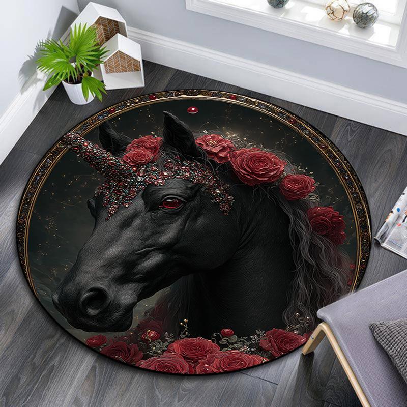 Schwarzes Pferd Runder Teppich, Teppich für Wohnzimmer Schlafzimmer Sofa Spielzimmer Dekor, Rutschfeste Fußmatte