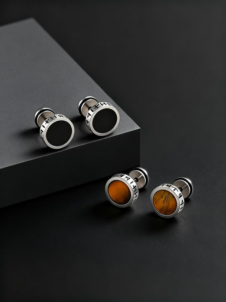 Men's Vintage Norse Viking Runes Round Earrings, Fashion Stainless Steel Stud Earrings, Stylish Natural Stone Jewelry Gifts