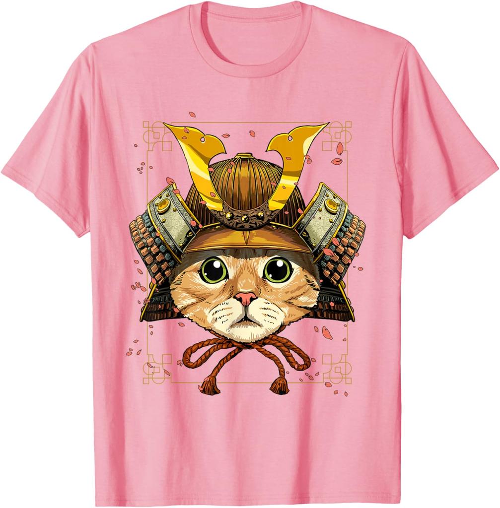 Samurai Cat Warrior Japanese Ronin Graphic Tee Breathable Casual Cotton T-Shirt for Men