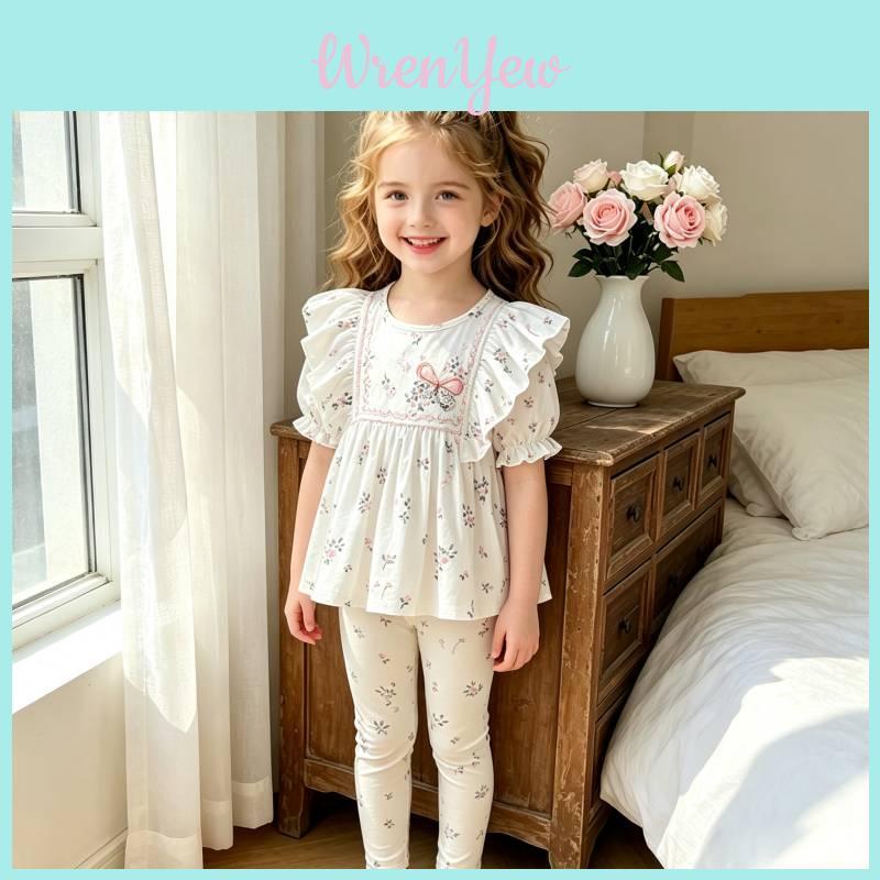 Girl Summer Outfit With Cotton Material And Cartoon Pattern For Ages 38