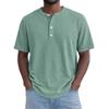 Mens Green Waffle Knit Henley Shirt Short Sleeve Crew Neck Casual Loose Fit Pullover