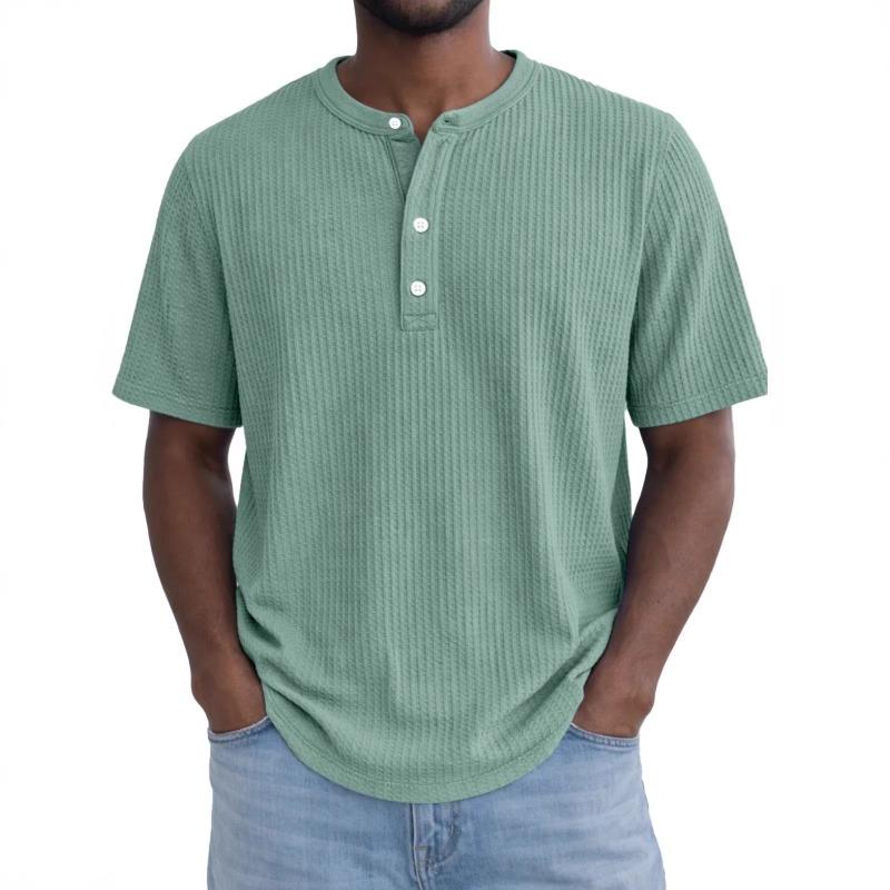 Mens Green Waffle Knit Henley Shirt Short Sleeve Crew Neck Casual Loose Fit Pullover