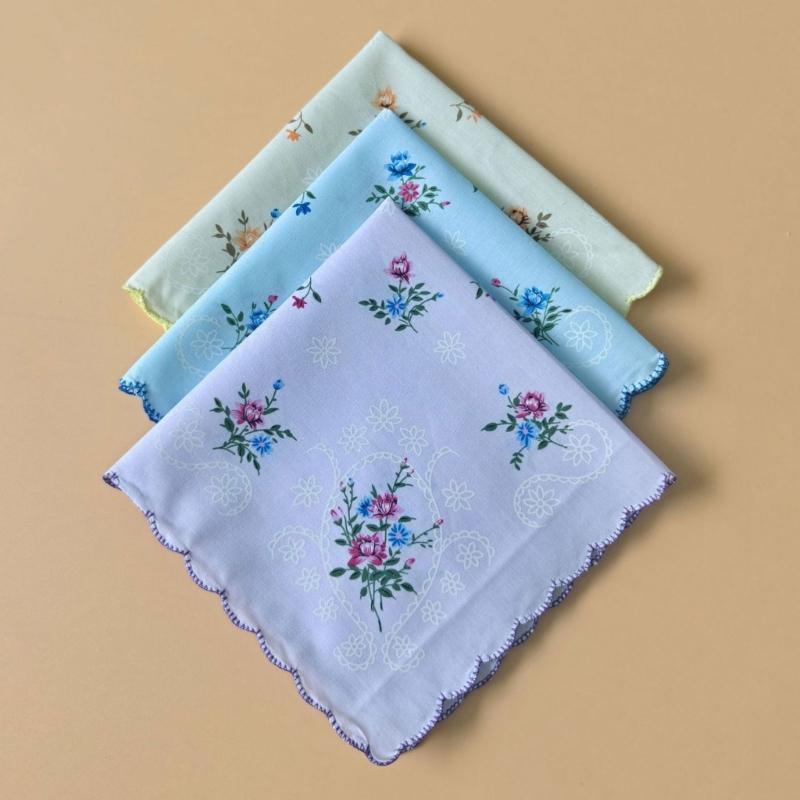 Flower Motif Handkerchief Set, 18Pcs Soft Cotton Cloths with Scalloped Trim for Personal Wiping, Table Settings, and Small-Item Wrapping