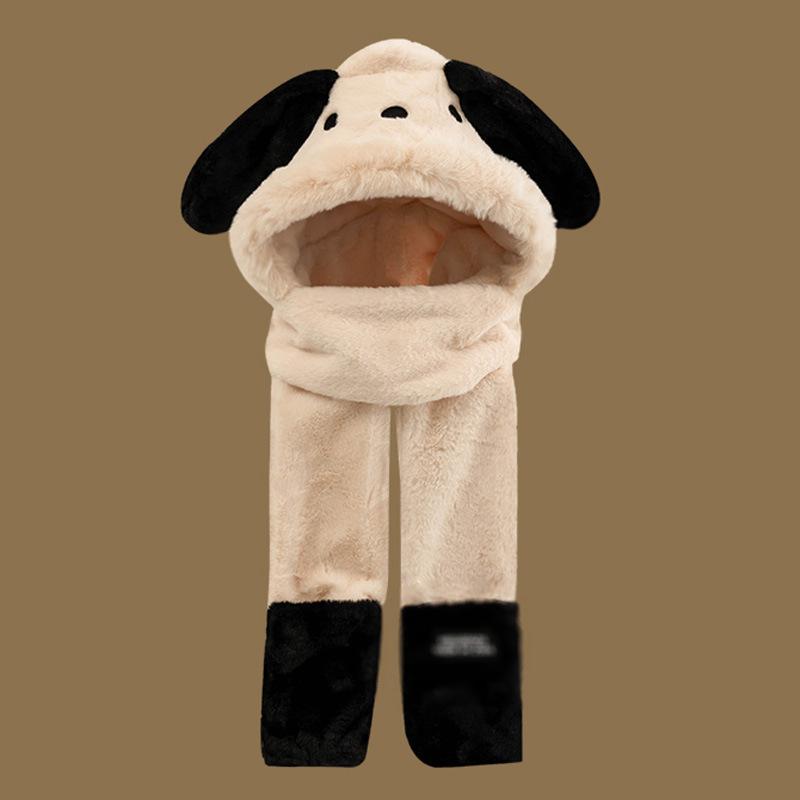 Hat female winter cute Pacha puppy plush thickened scarf gloves integrated hooded warm scarf three-piece set