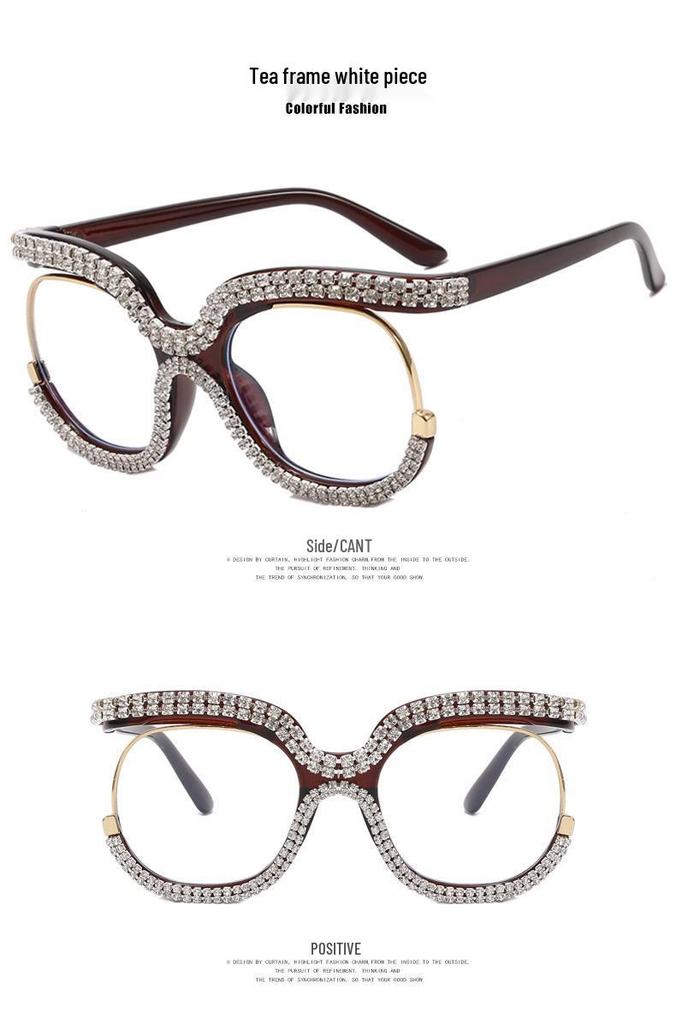 European & American Anti-blue Light Women's Glasses with Clear Lenses and Rhinestone-Inlaid Frame