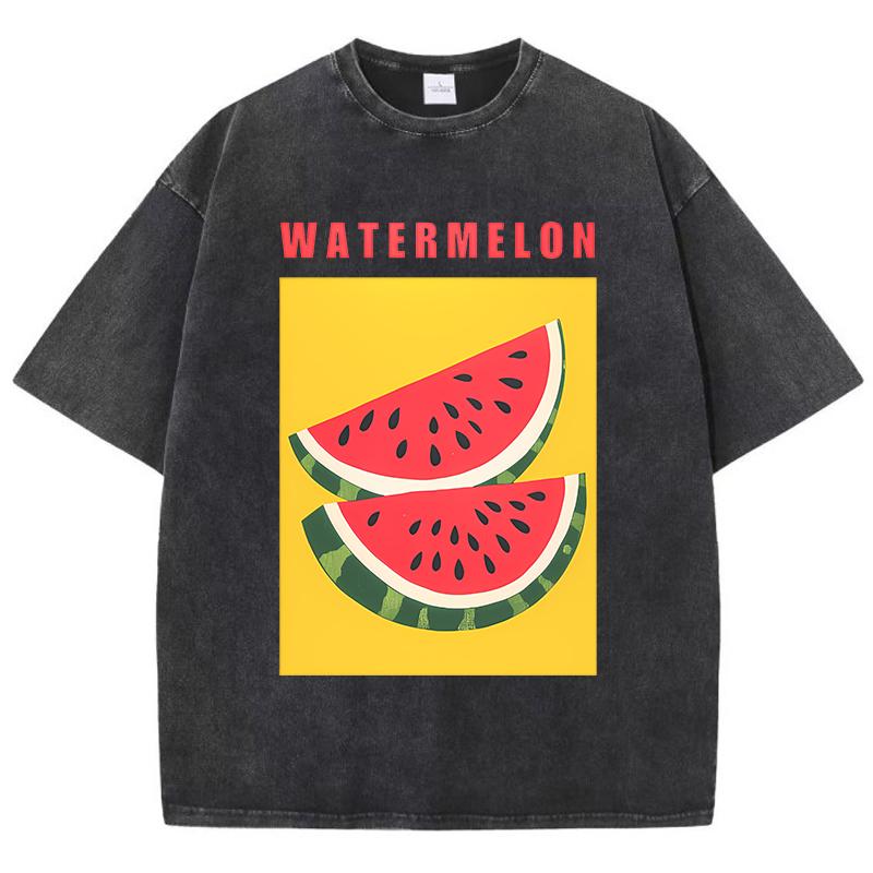 Wassermelonen-Druck Gewaschene T-Shirts Damen Baumwoll-T-Shirts Used Rundhals Bequeme Oberteile Sommer Lässig Damen Streetwear