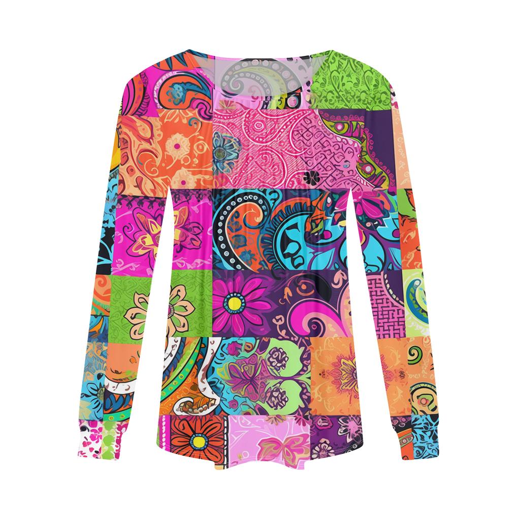 Women's Fashion Casual Pleated Round Neck Vintage Floral Print Long Sleeve T,Shirt Top
