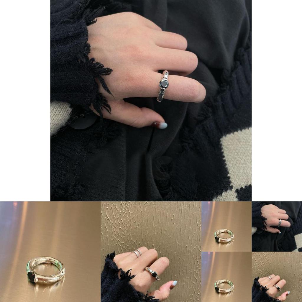 Einzigartiger Japanischer Minimalistischer Gehammerter Schwarzer Zirkonsteinring Für Damen Verstellbare Größe Stilvoller Paarschmuck