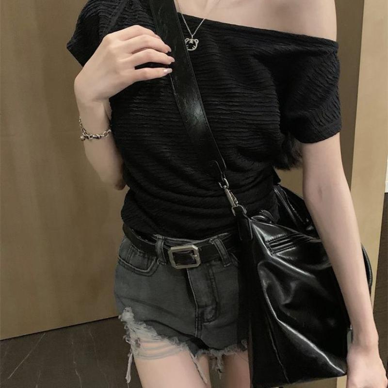 Women Summer Cropped T-Shirt Off Shoulder Sexy Slim Fit Short Sleeves Tops Fashion Sensibility Design Solid Elegant Clothing